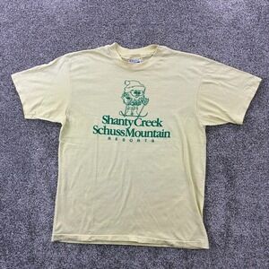Vintage 80s Skiing Shirt Mens Large Yellow Shanty Creek Schuss Mountain Ski